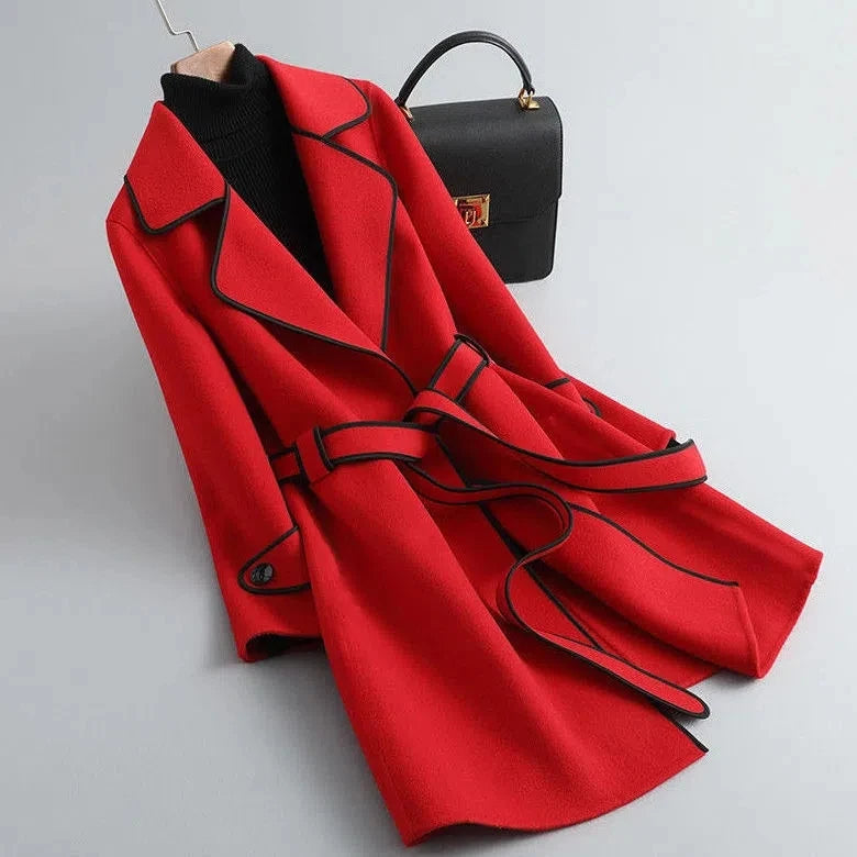 Cashmere Belt Winter Long Women's Overcoat Outwear Korean Fashion Elegant and Mature Trench Coats Female Lapel Woolen Cardigan Red