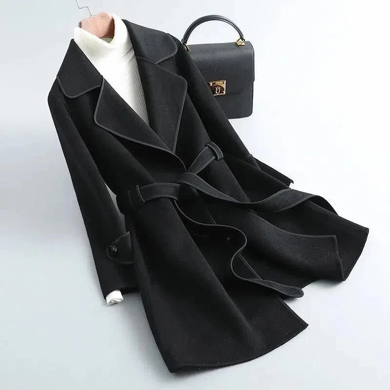 Cashmere Belt Winter Long Women's Overcoat Outwear Korean Fashion Elegant and Mature Trench Coats Female Lapel Woolen Cardigan black