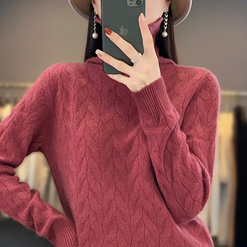 Cashmere sweater for women with 100 pure cashmere pile up collar loose fitting sweater for autumn and winter, new large high red