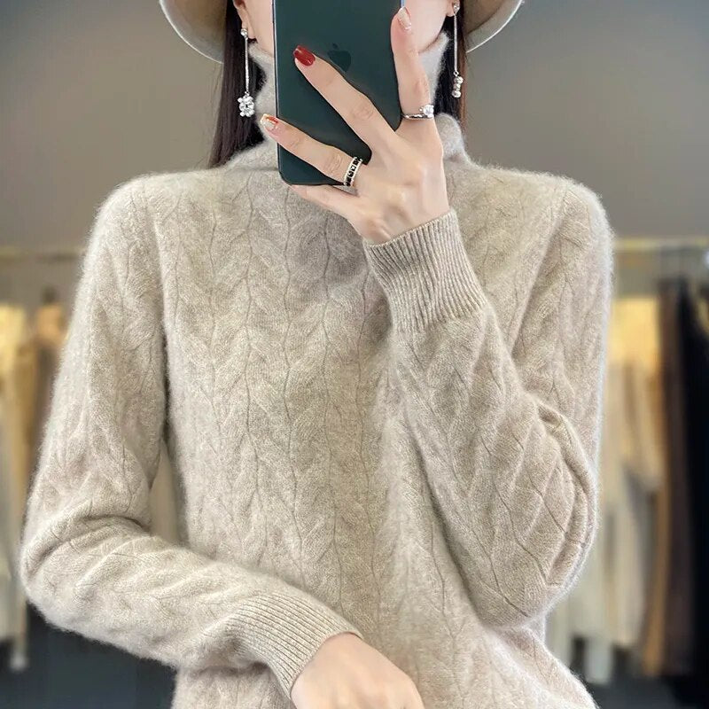 Cashmere sweater for women with 100 pure cashmere pile up collar loose fitting sweater for autumn and winter, new large high camel