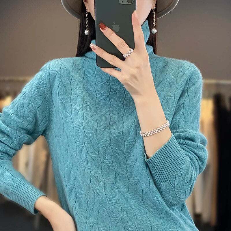 Cashmere sweater for women with 100 pure cashmere pile up collar loose fitting sweater for autumn and winter, new large high pea green