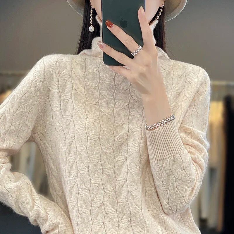 Cashmere sweater for women with 100 pure cashmere pile up collar loose fitting sweater for autumn and winter, new large high Beige