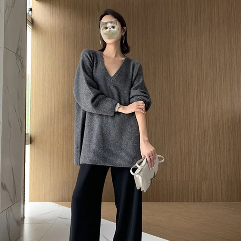Cashmere sweater women's medium length Pullover V-neck loose thickened sweater 22 autumn winter new
