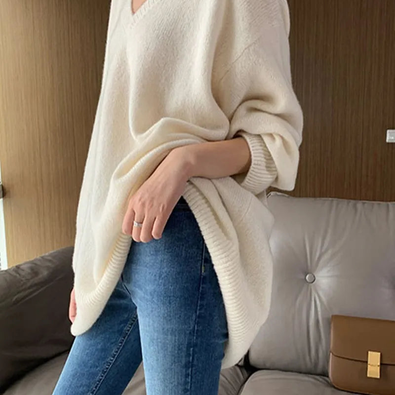 Cashmere sweater women's medium length Pullover V-neck loose thickened sweater 22 autumn winter new AMAIO