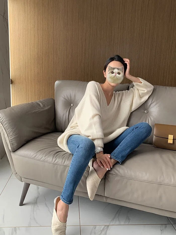 Cashmere sweater women's medium length Pullover V-neck loose thickened sweater 22 autumn winter new white