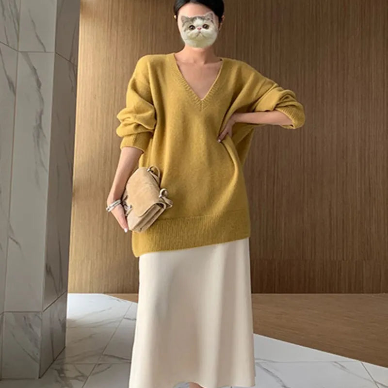 Cashmere sweater women's medium length Pullover V-neck loose thickened sweater 22 autumn winter new