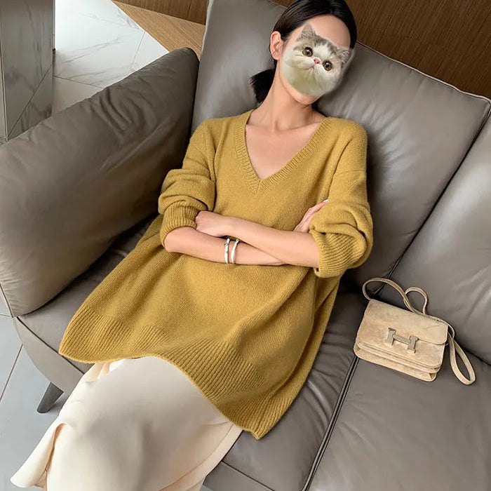 Cashmere sweater women's medium length Pullover V-neck loose thickened sweater 22 autumn winter new yellow