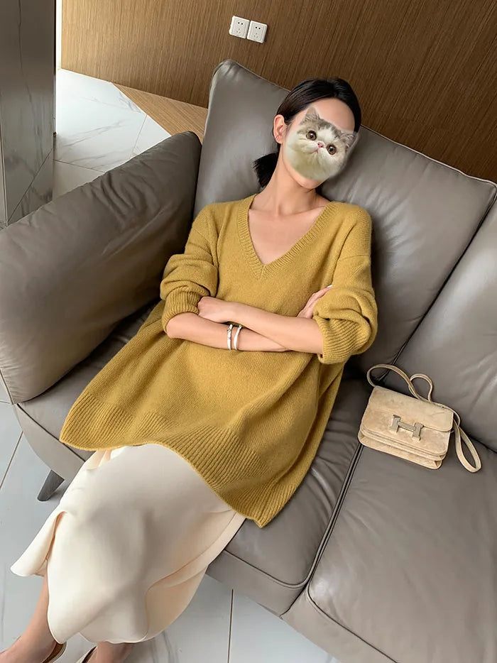 Cashmere sweater women's medium length Pullover V-neck loose thickened sweater 22 autumn winter new yellow