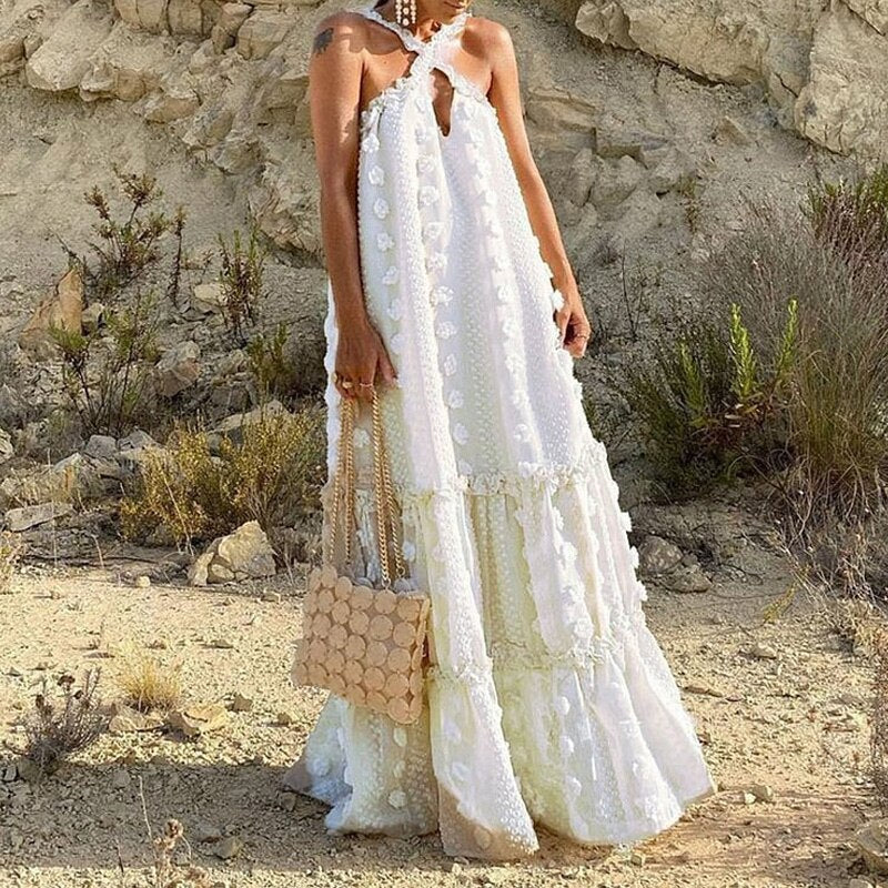 Casual Bohemian Long Boho Dress Fashion Sexy Halter Loose Beach Maxi Dress Spring SummerTassel Flower Women Pullover Party Dress White