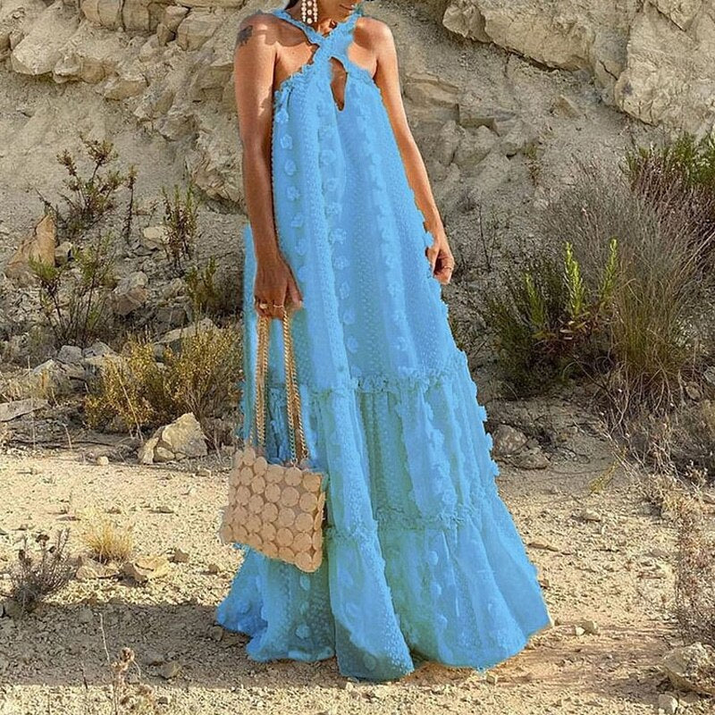 Casual Bohemian Long Boho Dress Fashion Sexy Halter Loose Beach Maxi Dress Spring SummerTassel Flower Women Pullover Party Dress Blue