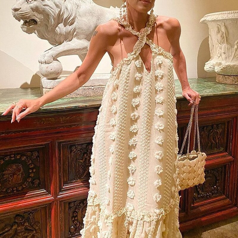 Casual Bohemian Long Boho Dress Fashion Sexy Halter Loose Beach Maxi Dress Spring SummerTassel Flower Women Pullover Party Dress