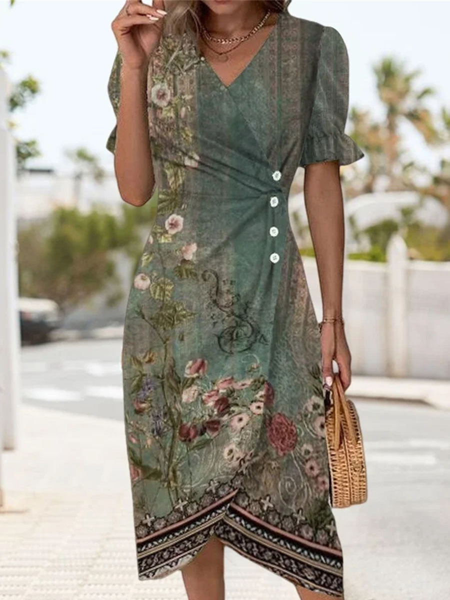 Casual Dress Flower Printing Vintage Sundress Comfortable Boho Dress Fashion Army Green