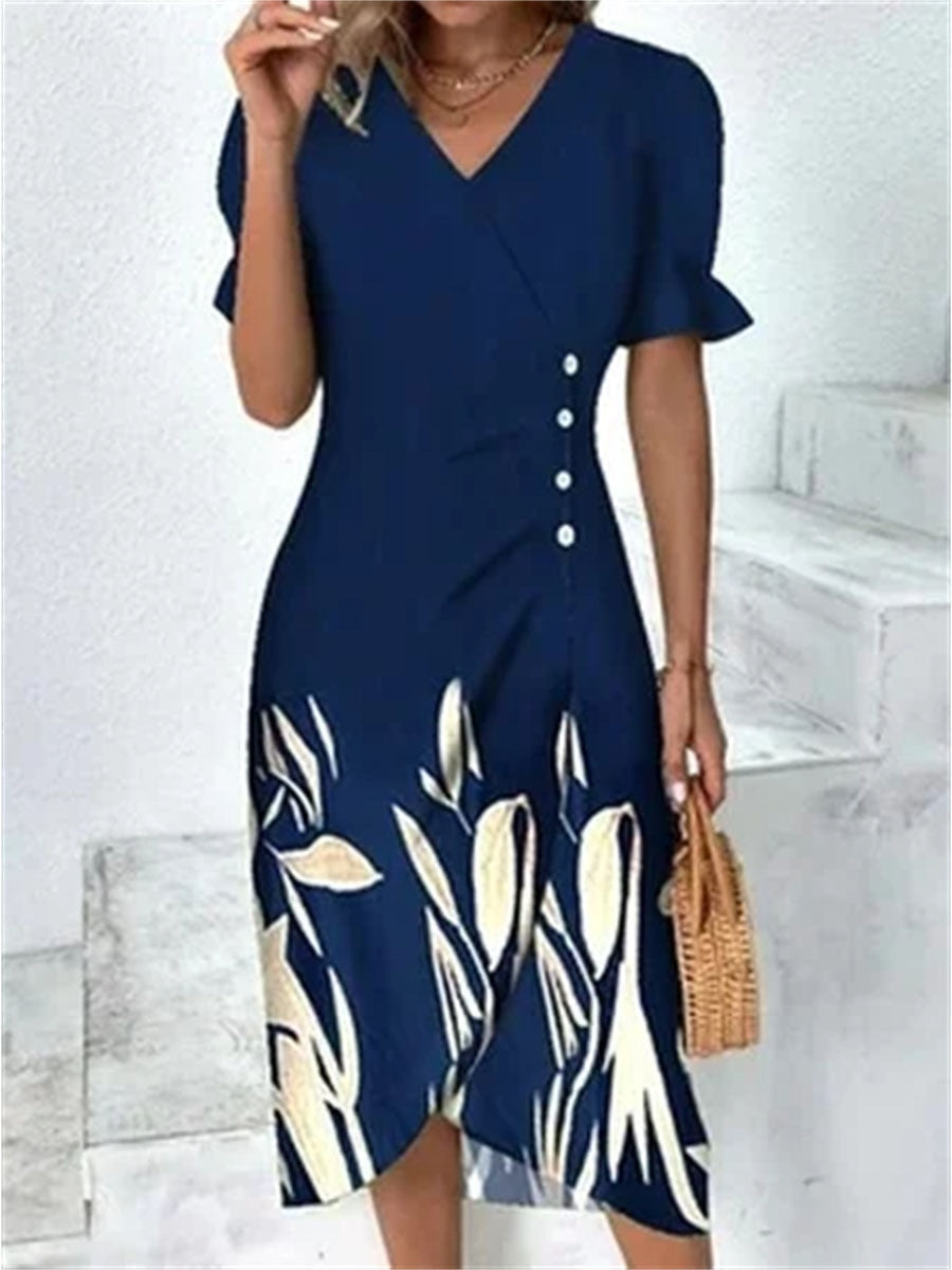 Casual Dress Flower Printing Vintage Sundress Comfortable Boho Dress Fashion Navy Blue