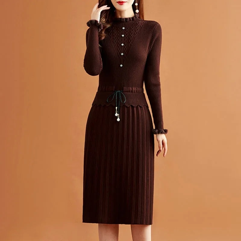 Casual Fake Two Pieces Pleated Knitted Dress Women Vintage Long Sleeve Bottoming Sweater Dresses Fall Elegant Slim Midi Vestidos Coffee
