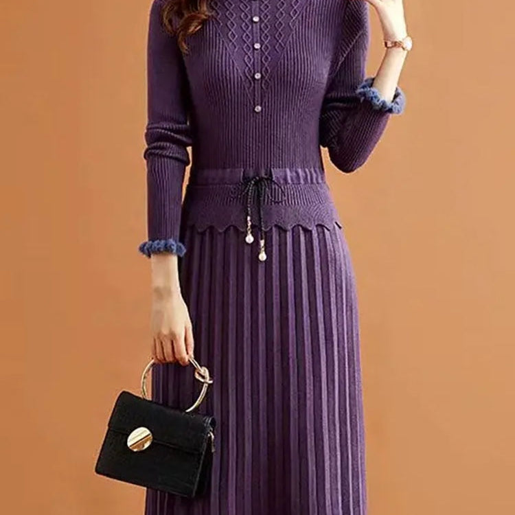 Casual Fake Two Pieces Pleated Knitted Dress Women Vintage Long Sleeve Bottoming Sweater Dresses Fall Elegant Slim Midi Vestidos