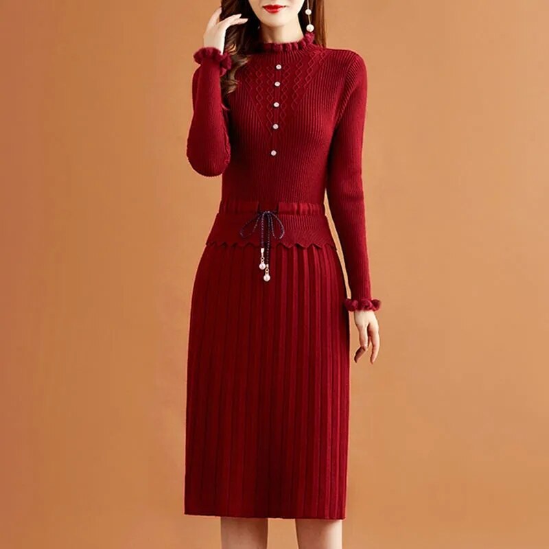 Casual Fake Two Pieces Pleated Knitted Dress Women Vintage Long Sleeve Bottoming Sweater Dresses Fall Elegant Slim Midi Vestidos Red