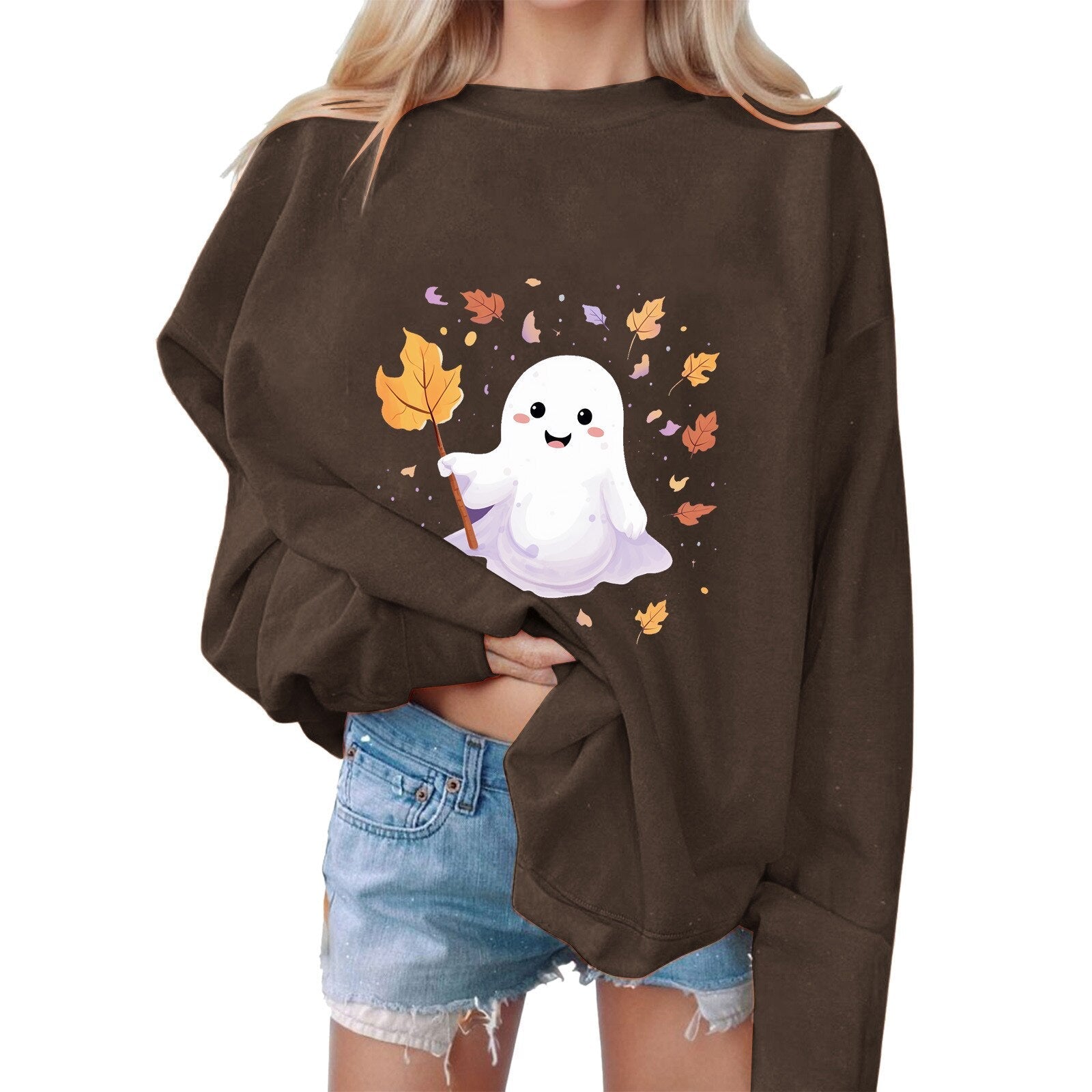 Casual Hoodless Sweatshirts Halloween Ghosts Sweatshirt Round Neck Sweater Long Sleeve Women's Sweatshirt Autumn Winter Moletom Coffee