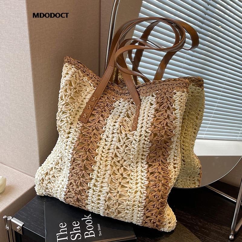 Casual Large Capacity Straw Woven Tote Shoulder Bags For Women Luxury Designer Beach Ladies Handbags 2024 New Summer Shopping Beige