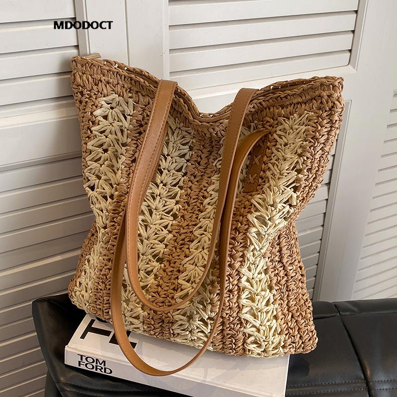 Casual Large Capacity Straw Woven Tote Shoulder Bags For Women Luxury Designer Beach Ladies Handbags 2024 New Summer Shopping Khaki