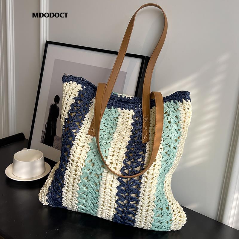 Casual Large Capacity Straw Woven Tote Shoulder Bags For Women Luxury Designer Beach Ladies Handbags 2024 New Summer Shopping Blue