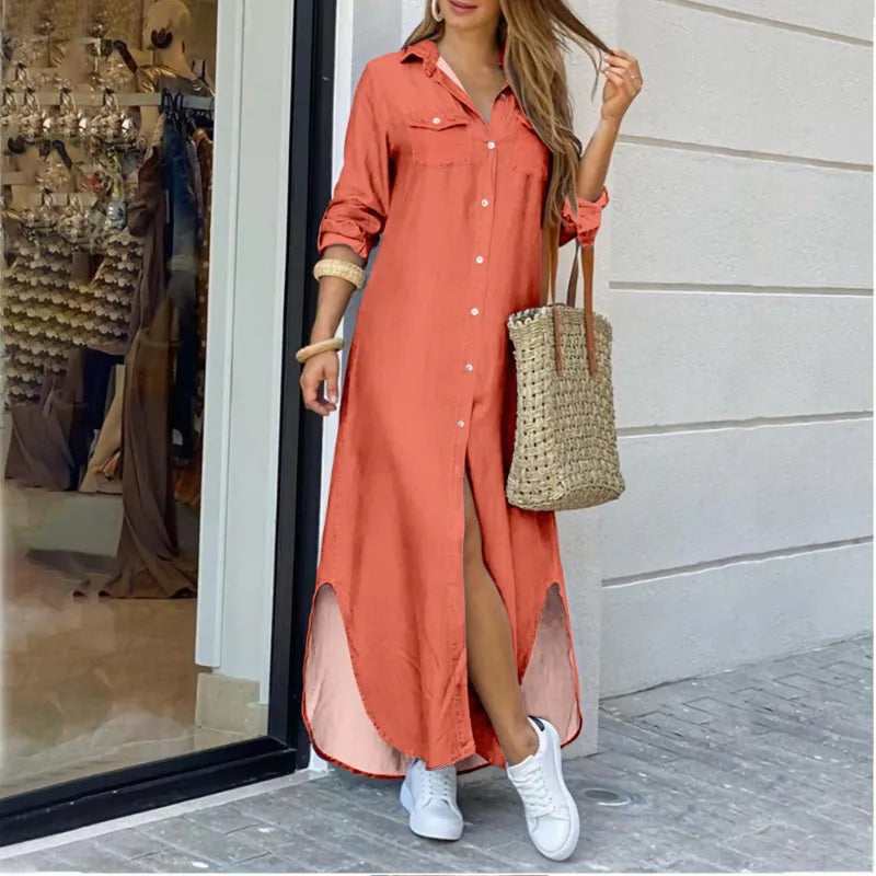 Casual Long Shirt Dress Autumn Women Long Sleeve Maxi Dresses Laides Turn-down Collar Office Dresses Loose Sundress Robe Longue AMAIO