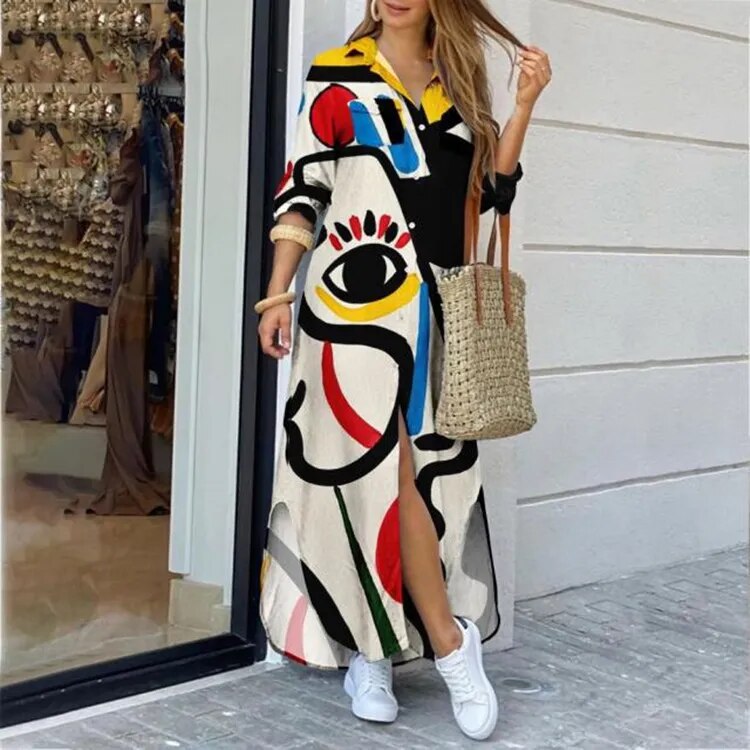 Casual Long Shirt Dress Autumn Women Long Sleeve Maxi Dresses Laides Turn-down Collar Office Dresses Loose Sundress Robe Longue