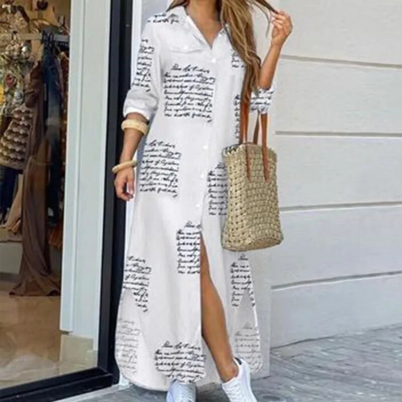 Casual Long Shirt Dress Autumn Women Long Sleeve Maxi Dresses Laides Turn-down Collar Office Dresses Loose Sundress Robe Longue letter print