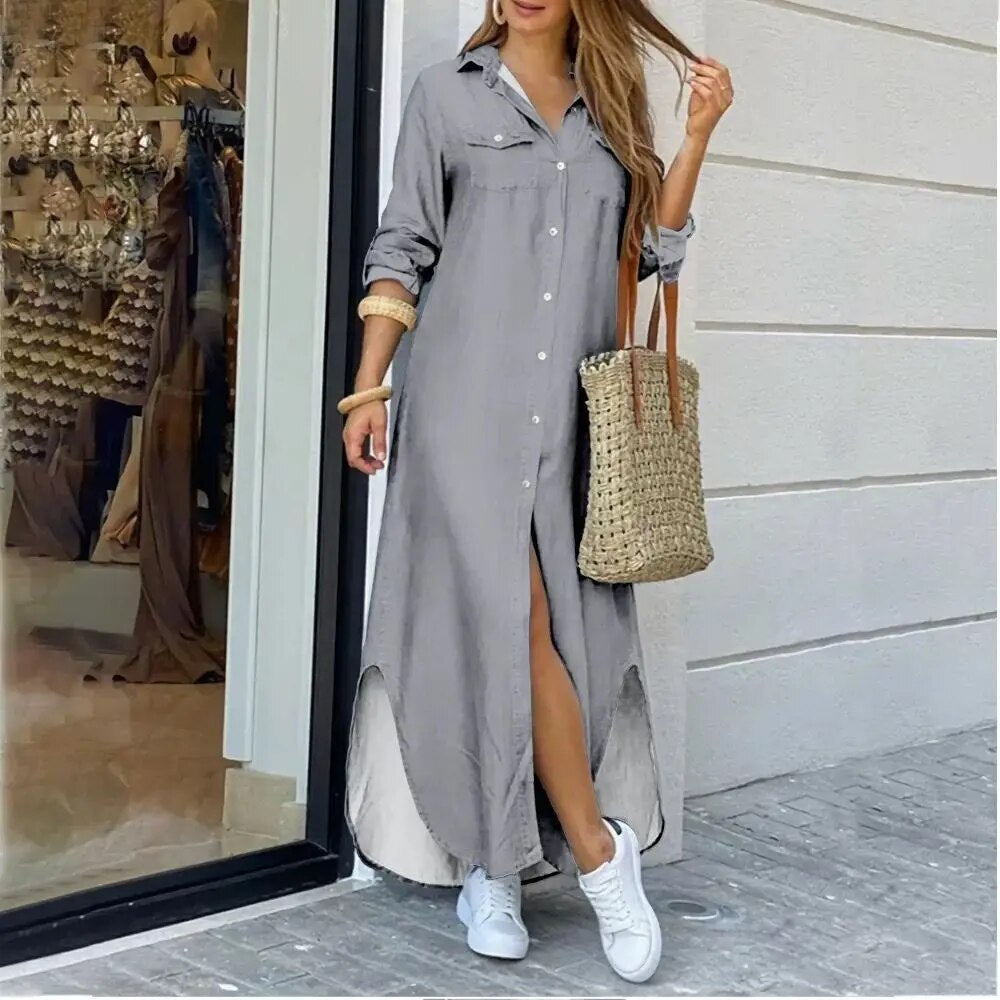 Casual Long Shirt Dress Autumn Women Long Sleeve Maxi Dresses Laides Turn-down Collar Office Dresses Loose Sundress Robe Longue gray