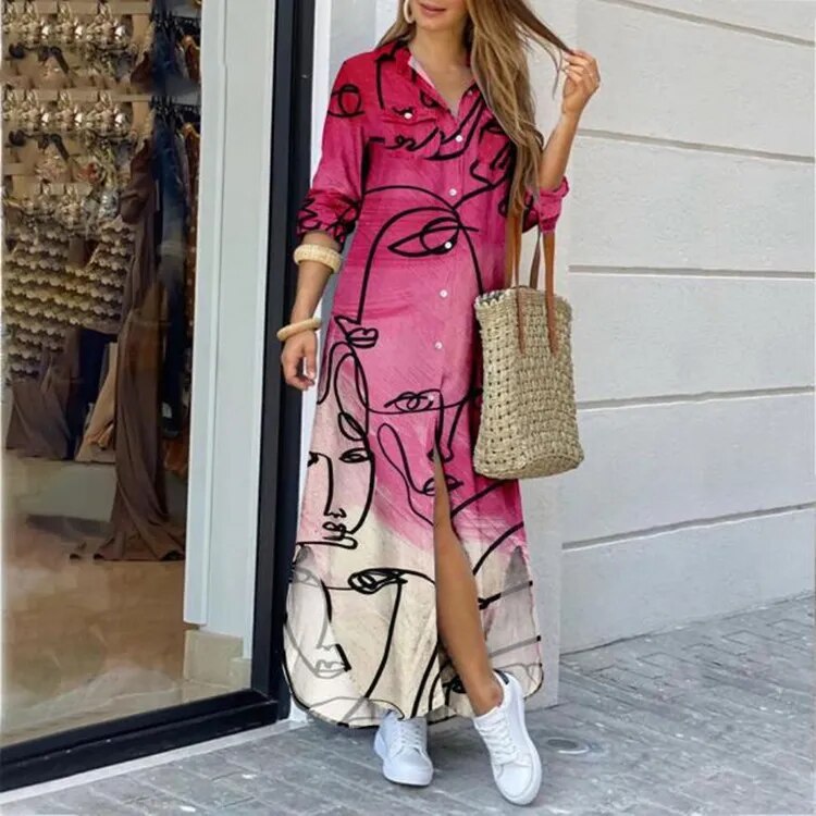 Casual Long Shirt Dress Autumn Women Long Sleeve Maxi Dresses Laides Turn-down Collar Office Dresses Loose Sundress Robe Longue