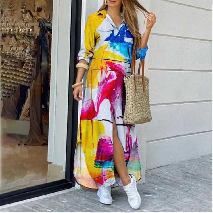 Casual Long Shirt Dress Autumn Women Long Sleeve Maxi Dresses Laides Turn-down Collar Office Dresses Loose Sundress Robe Longue
