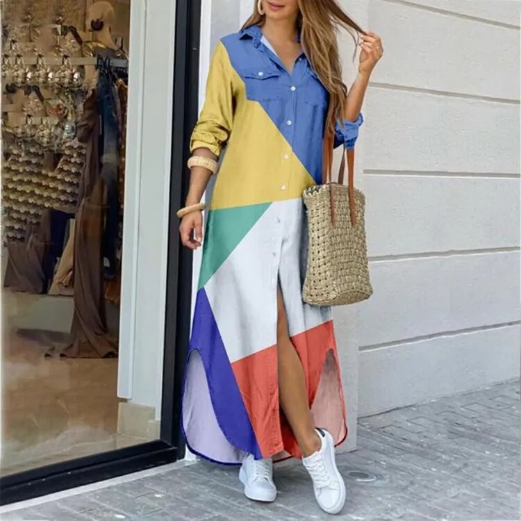 Casual Long Shirt Dress Autumn Women Long Sleeve Maxi Dresses Laides Turn-down Collar Office Dresses Loose Sundress Robe Longue
