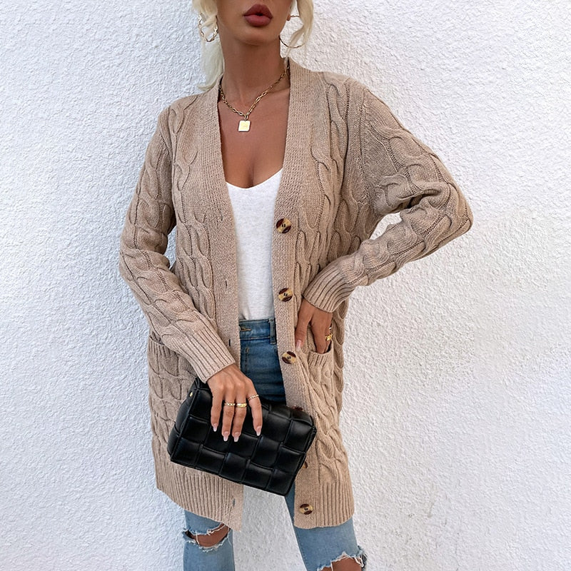 Casual Long Sweater Full Sleeve Single Breasted Solid Knitted Cardigan Women