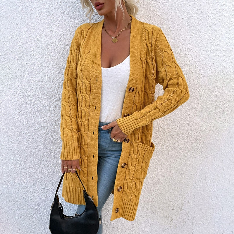 Casual Long Sweater Full Sleeve Single Breasted Solid Knitted Cardigan Women