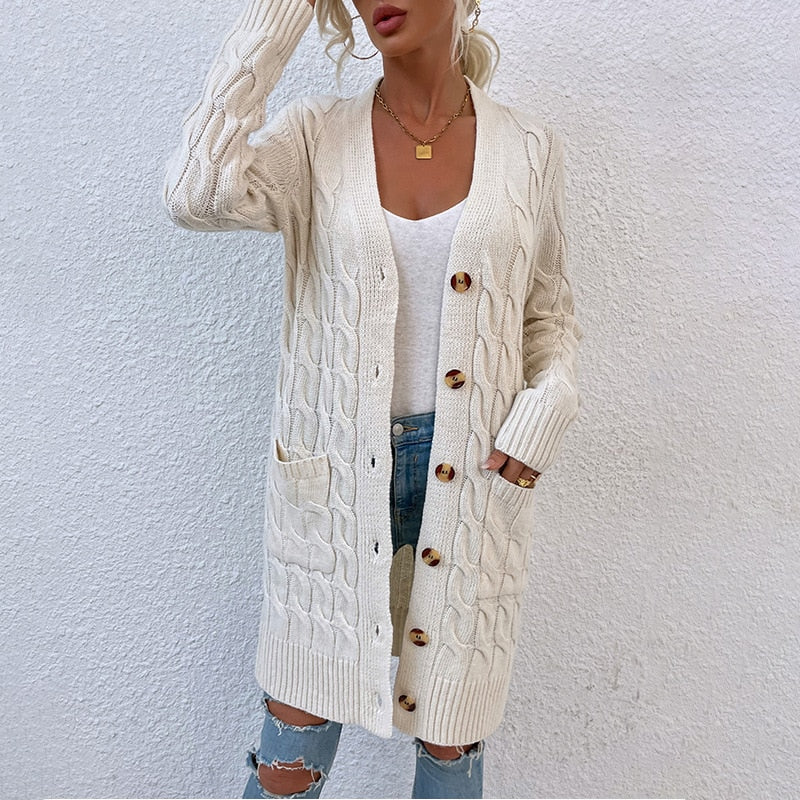 Casual Long Sweater Full Sleeve Single Breasted Solid Knitted Cardigan Women beige