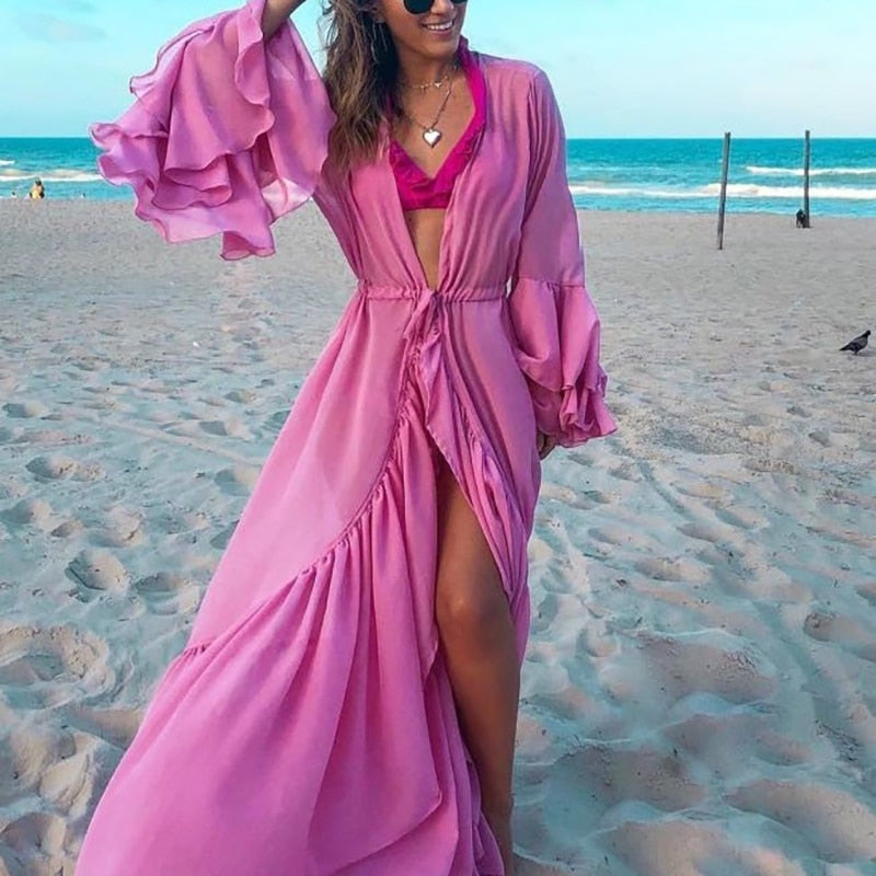 Casual Loose Female Swimming Cover Up Tops Oversized Solid Long Sleeve Beachwear Veil Dress Women Maxi Ruffle Patchwork Clothing 02 Pink One Size