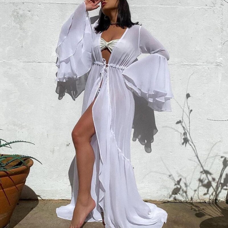 Casual Loose Female Swimming Cover Up Tops Oversized Solid Long Sleeve Beachwear Veil Dress Women Maxi Ruffle Patchwork Clothing