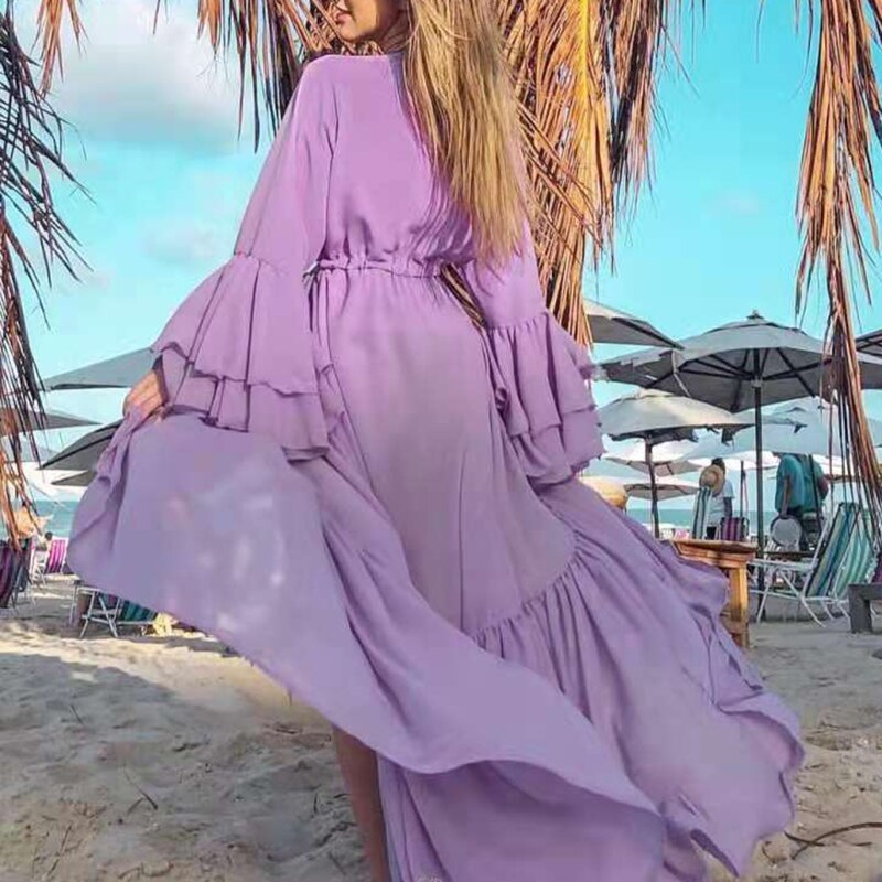 Casual Loose Female Swimming Cover Up Tops Oversized Solid Long Sleeve Beachwear Veil Dress Women Maxi Ruffle Patchwork Clothing