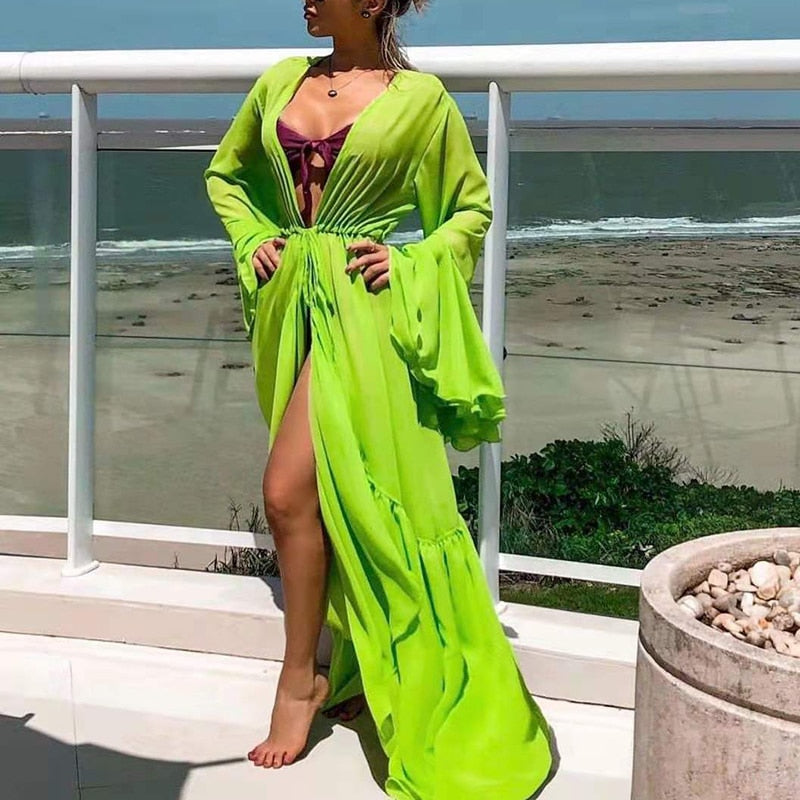 Casual Loose Female Swimming Cover Up Tops Oversized Solid Long Sleeve Beachwear Veil Dress Women Maxi Ruffle Patchwork Clothing AMAIO