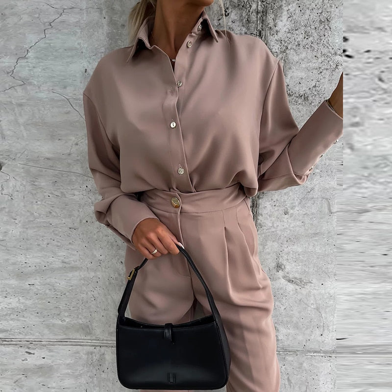 Casual Office Commuting Slim Outfits Autumn New Fashion Two Piece Sets Vintage Ladies Lapel Button Shirt with Long Pants Suits