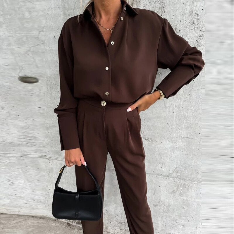 Casual Office Commuting Slim Outfits Autumn New Fashion Two Piece Sets Vintage Ladies Lapel Button Shirt with Long Pants Suits