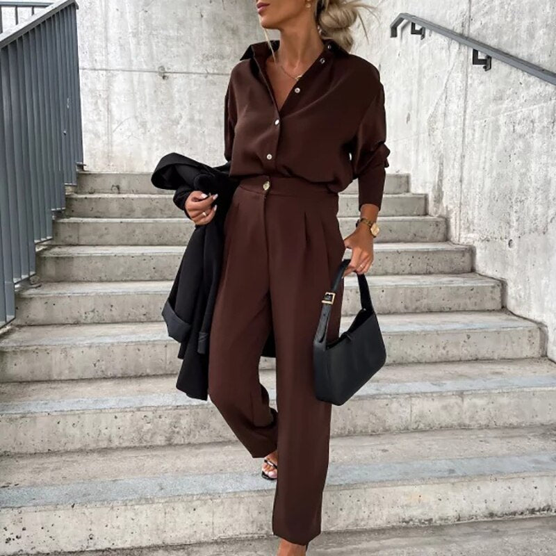 Casual Office Commuting Slim Outfits Autumn New Fashion Two Piece Sets Vintage Ladies Lapel Button Shirt with Long Pants Suits 02 Coffee
