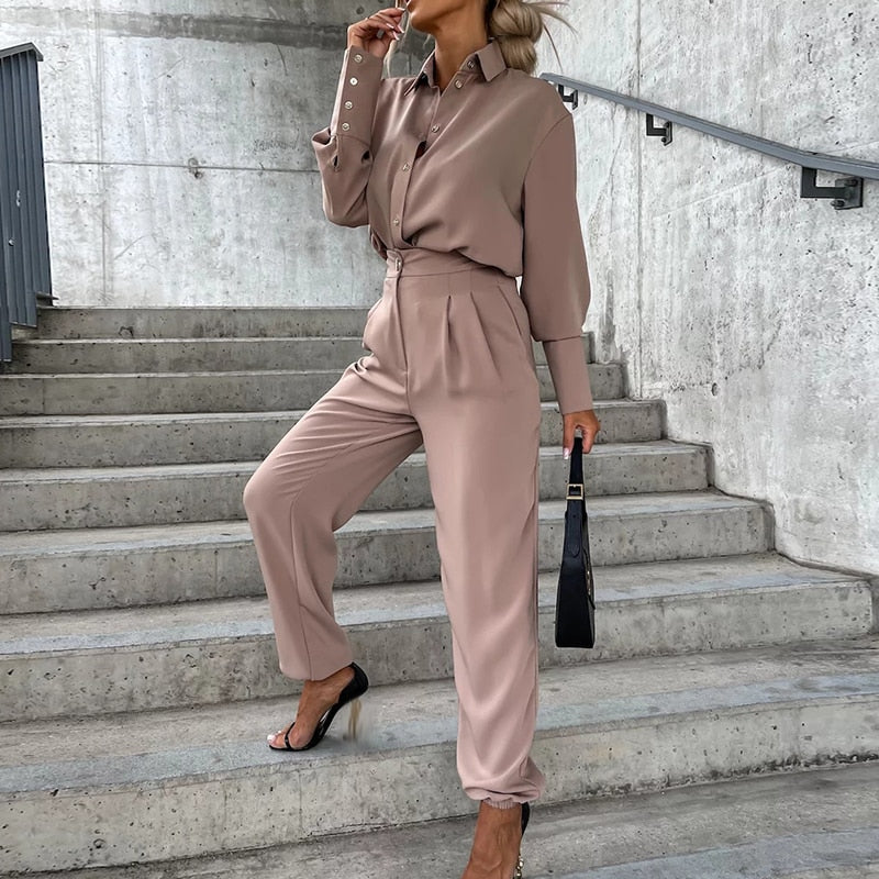 Casual Office Commuting Slim Outfits Autumn New Fashion Two Piece Sets Vintage Ladies Lapel Button Shirt with Long Pants Suits 04 As Picture