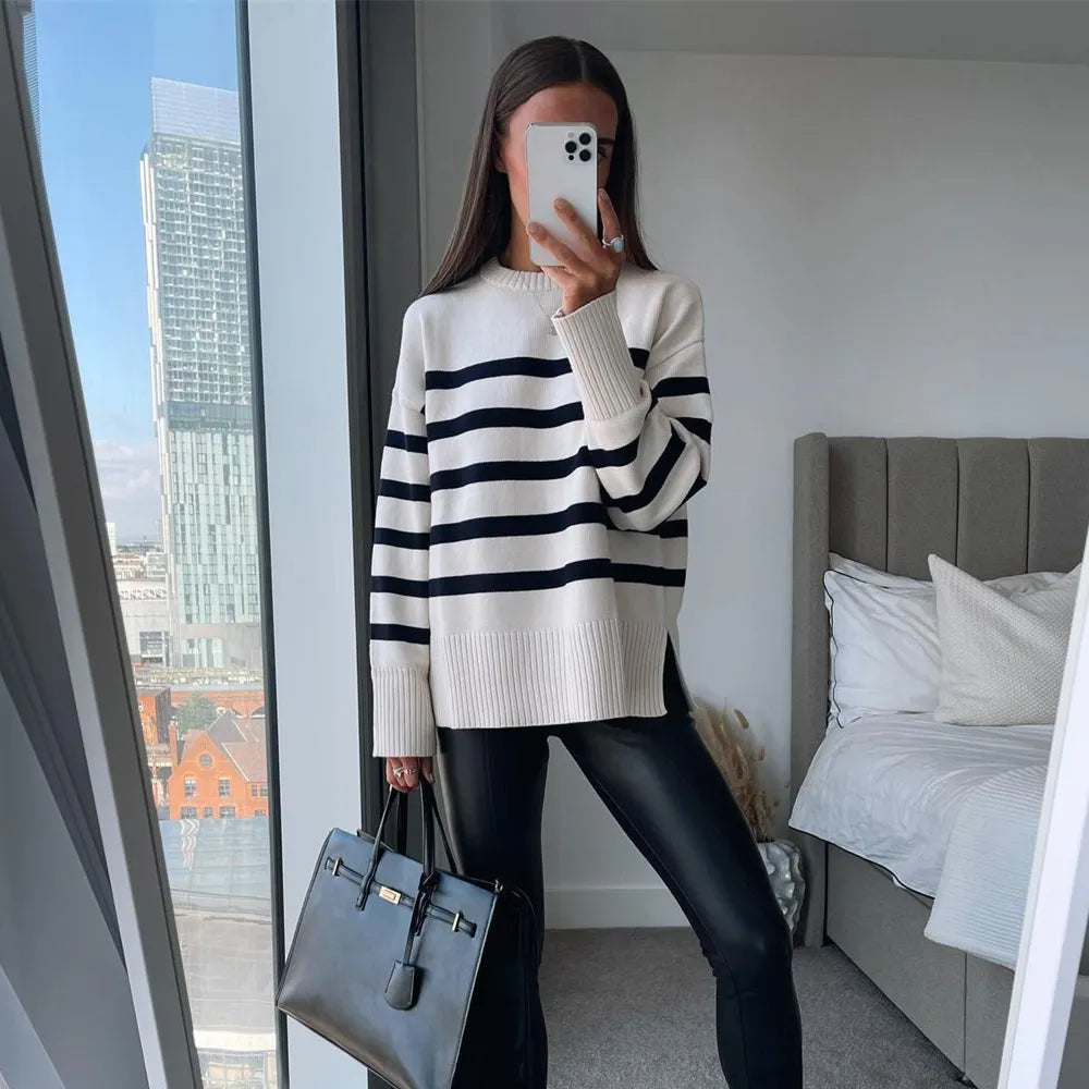 Casual Oversized Striped Pullovers Women Knitted Basic Autumn Winter Loose-Fitting Thick Jumpers Sweaters Female Clothing AMAIO