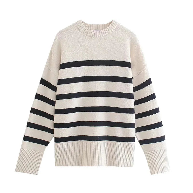 Casual Oversized Striped Pullovers Women Knitted Basic Autumn Winter Loose-Fitting Thick Jumpers Sweaters Female Clothing Ivory