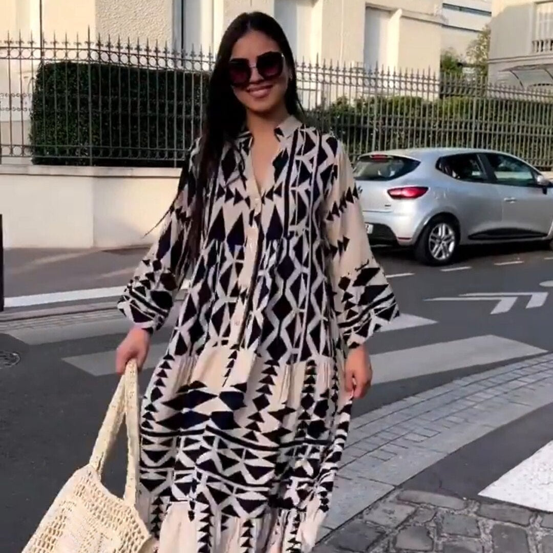 Casual Printed Long Dress Women Spring Summer Long Sleeve Pleated Dress Women's Fashion Retro Bohemian Dress