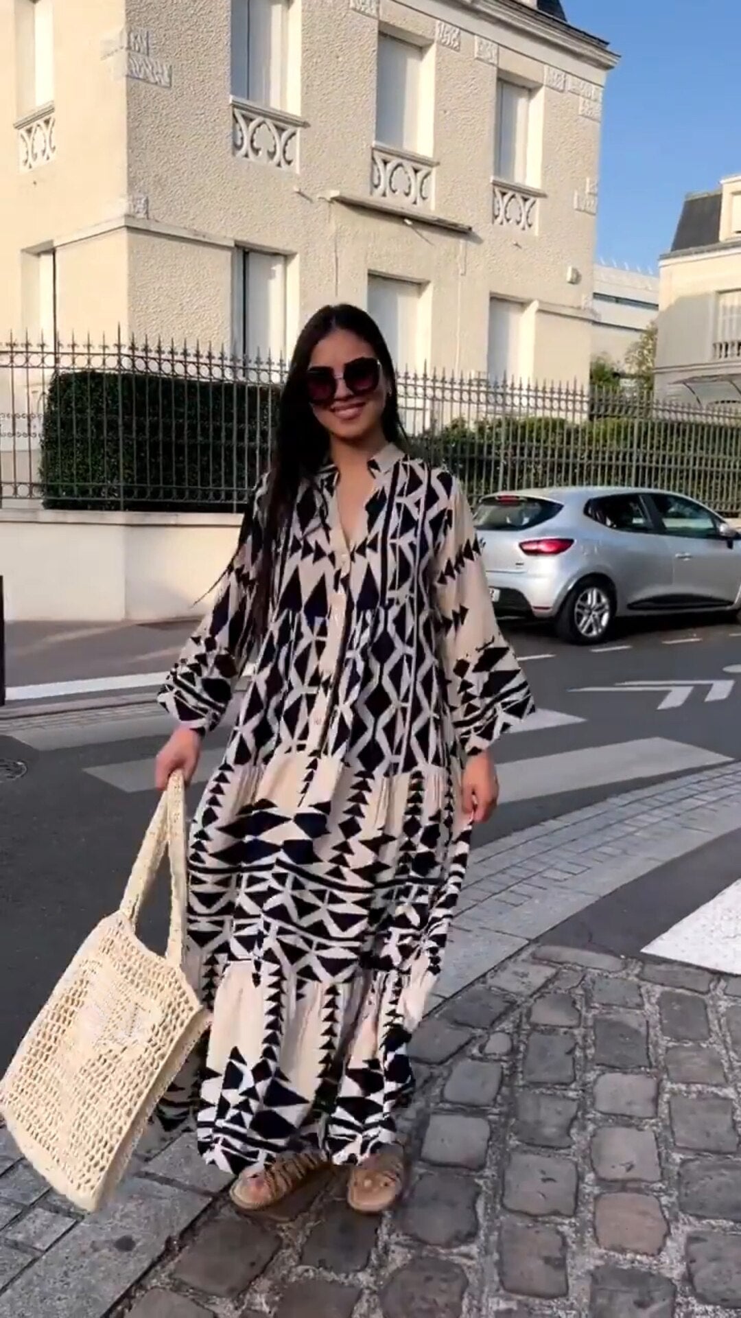 Casual Printed Long Dress Women Spring Summer Long Sleeve Pleated Dress Women's Fashion Retro Bohemian Dress