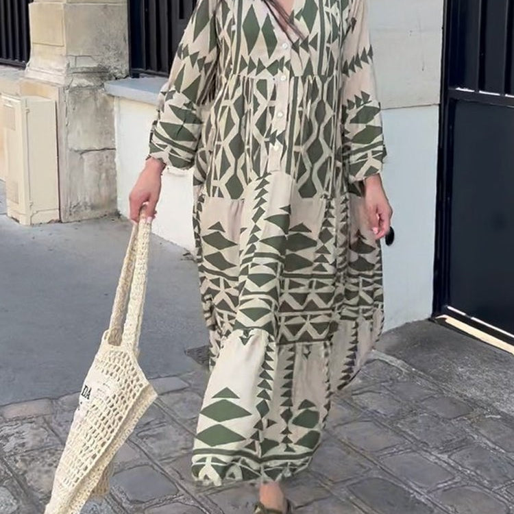 Casual Printed Long Dress Women Spring Summer Long Sleeve Pleated Dress Women's Fashion Retro Bohemian Dress Green