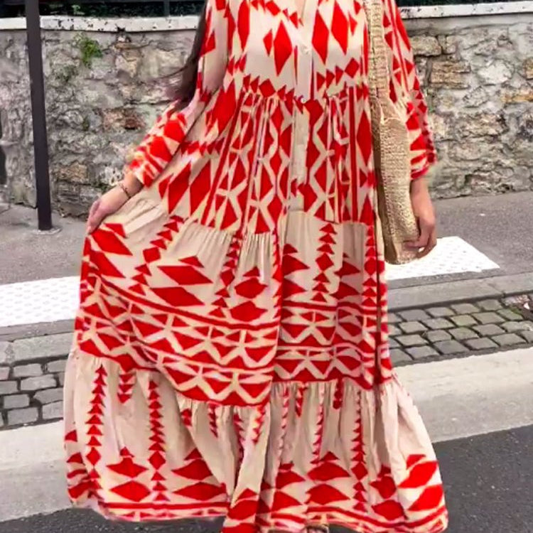 Casual Printed Long Dress Women Spring Summer Long Sleeve Pleated Dress Women's Fashion Retro Bohemian Dress Red