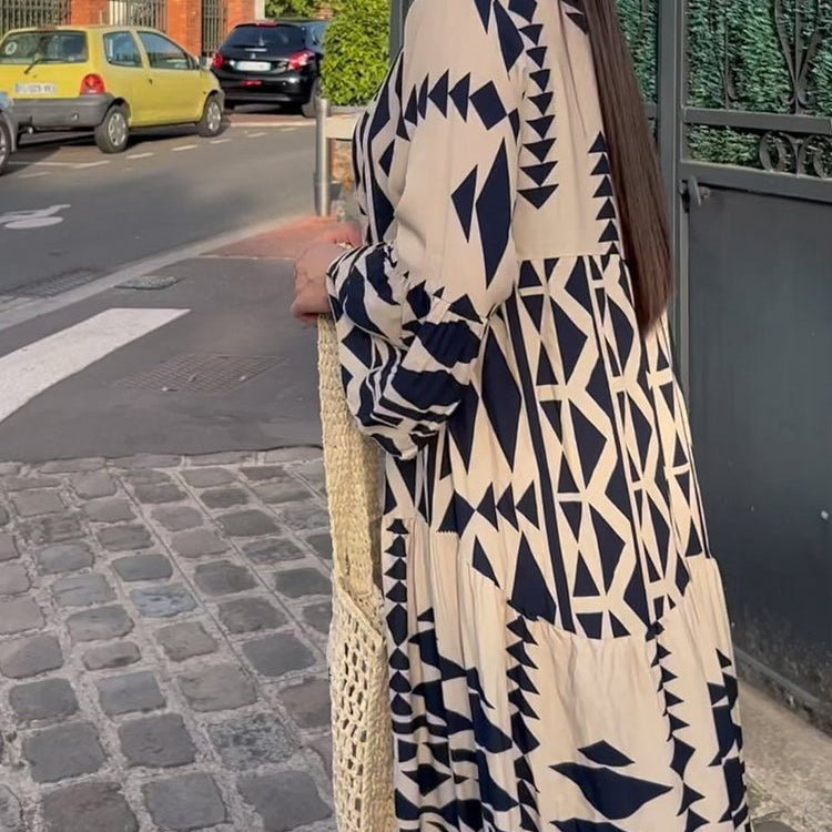 Casual Printed Long Dress Women Spring Summer Long Sleeve Pleated Dress Women's Fashion Retro Bohemian Dress