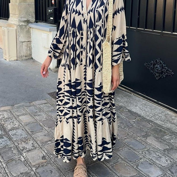 Casual Printed Long Dress Women Spring Summer Long Sleeve Pleated Dress Women's Fashion Retro Bohemian Dress Blue